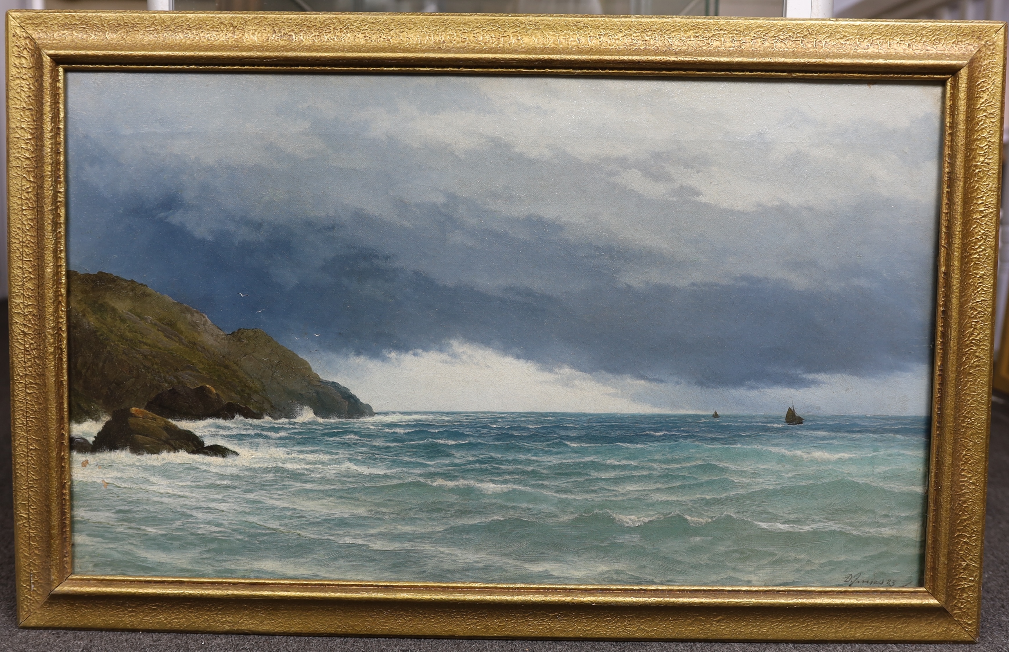David James (British, 1853-1904), Shipping off the coast, oil on canvas, 74.5 x 43.5cm